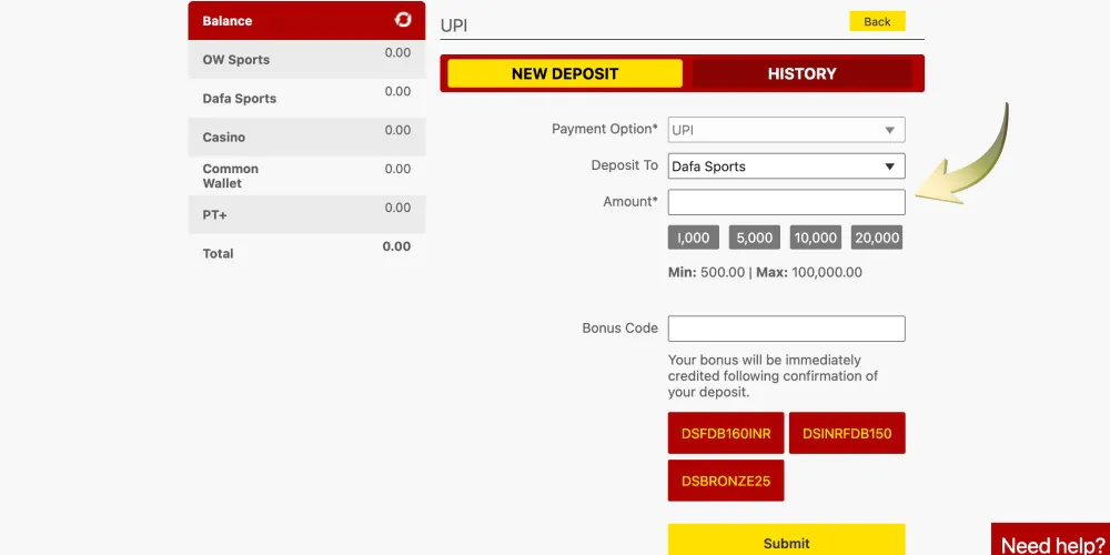 enter amount of deposit